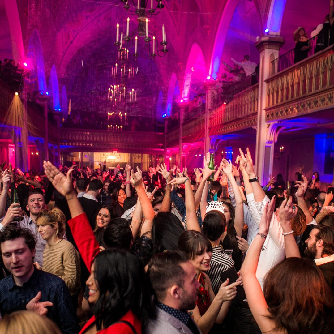 Energetic crowd dancing at Final Fantasy NYE in Montreal