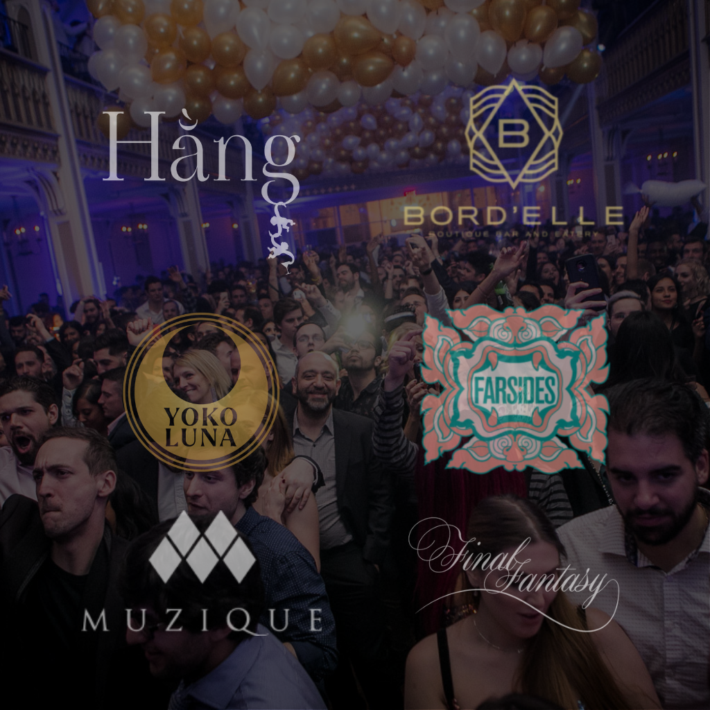 Logos of Montreal nightlife venues Hàng, Bord’elle, Yoko Luna, The Farsides, Muzique, and Final Fantasy over a New Year’s Eve crowd celebrating with balloons at Salon Richmond.