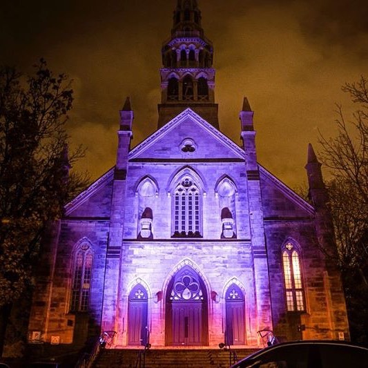 Salon Richmond venue illuminated in purple lighting at night for the Final Fantasy New Year’s Eve event in Montreal.