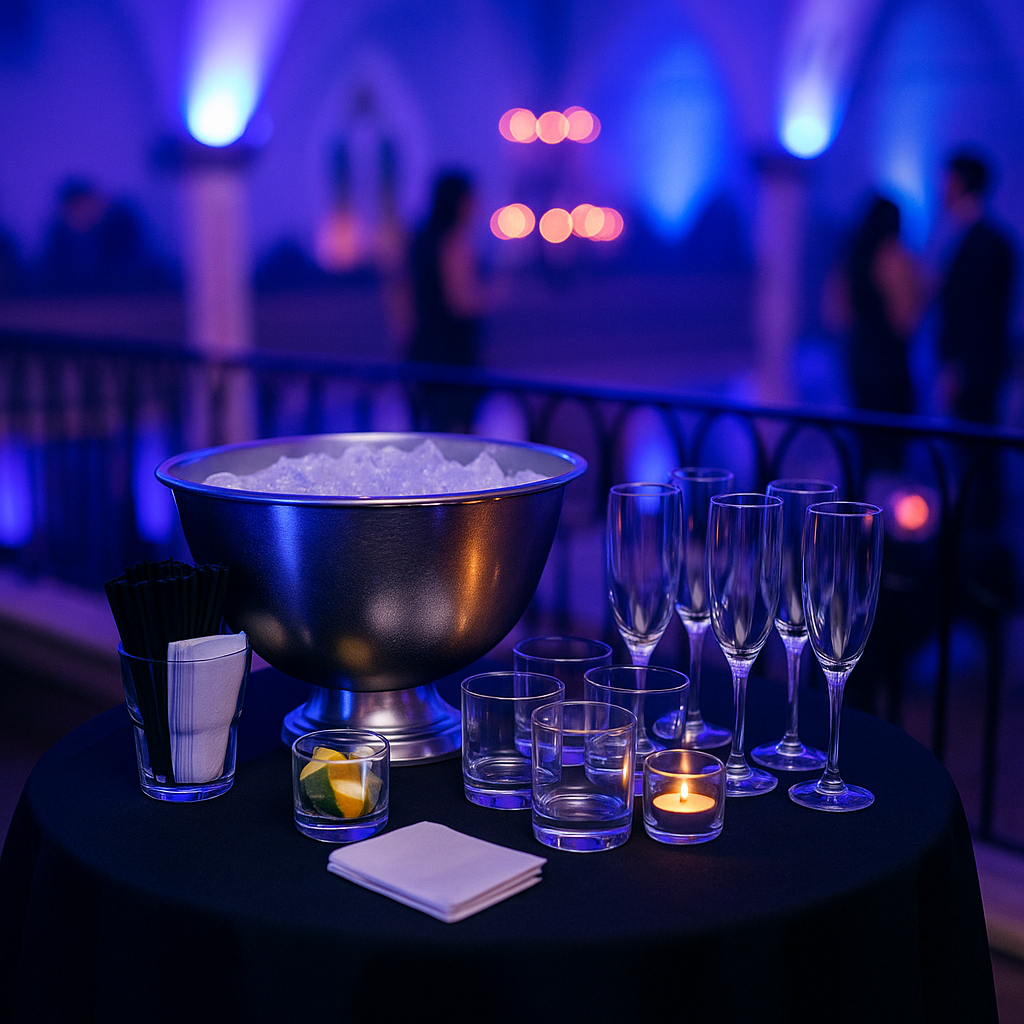 VIP bottle service table setup with silver ice bucket and glasses at Final Fantasy New Year’s Eve party at Salon Richmond in Montreal