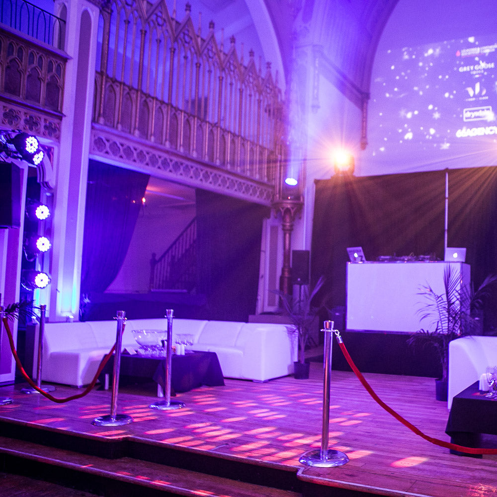VIP stage and lounge setup at Final Fantasy New Year’s Eve party at Salon Richmond in Montreal with DJ booth and luxury seating